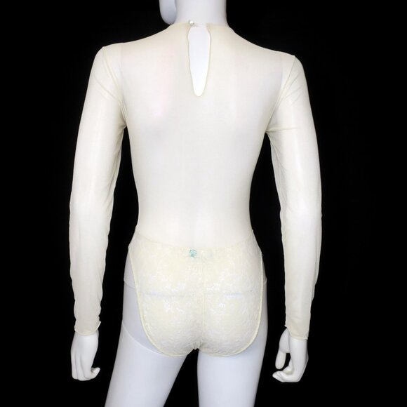 Guy Laroche Vintage 80s Ivory Sheer Lace One Piece Long Sleeve Bodysuit Small - Picture 2 of 5